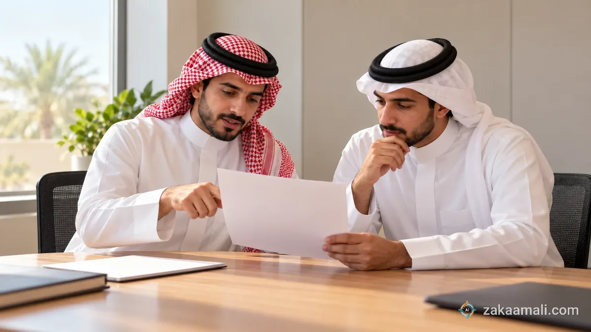 زميلان سعوديان يراجعان نبرة مسودة خطاب رسمي على ورقة مطبوعة داخل غرفة اجتماعات صغيرة