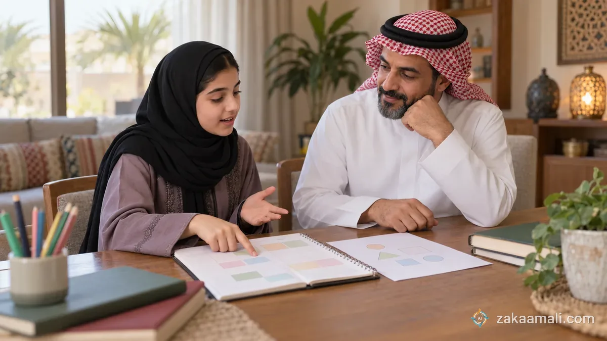 أب سعودي يراجع مع ابنته جدول مذاكرة مرنًا ويترك لها مساحة لتشرح طريقة حلها