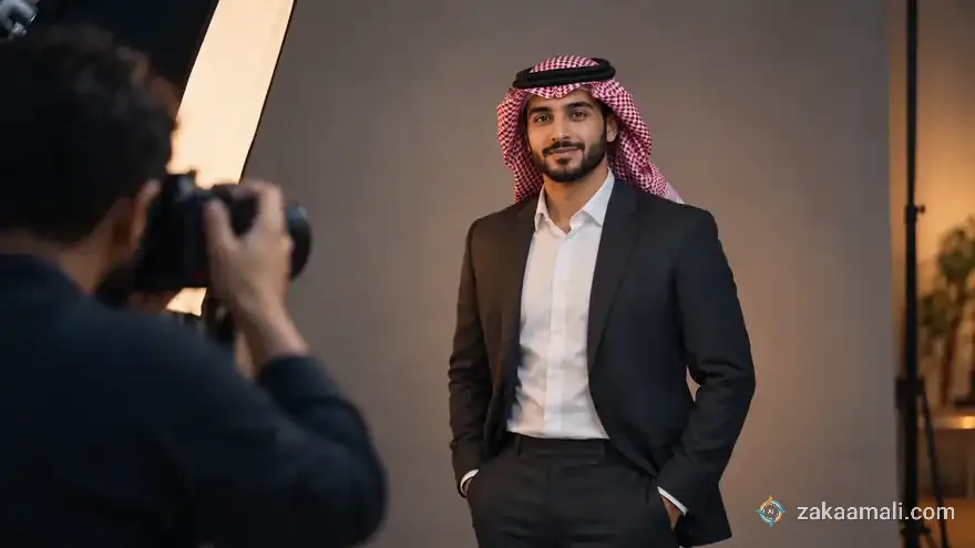 صورة شخصية مهنية جزء من تحسين حساب لينكدإن: مصور يلتقط صورة لرجل سعودي ببدلة داكنة وشماغ أحمر أمام خلفية رمادية