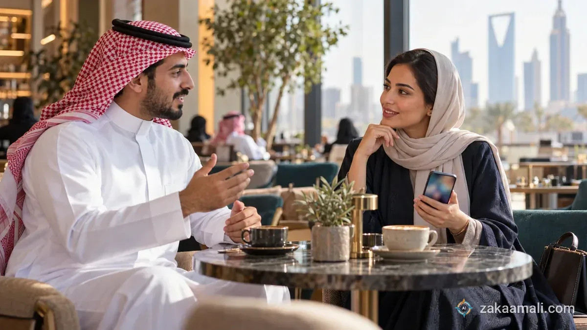 رجل بثوب أبيض وامرأة بعباءة داكنة يتبادلان حديثًا مهنيًا في مقهى حديث بالرياض وتمسك المرأة هاتفًا
