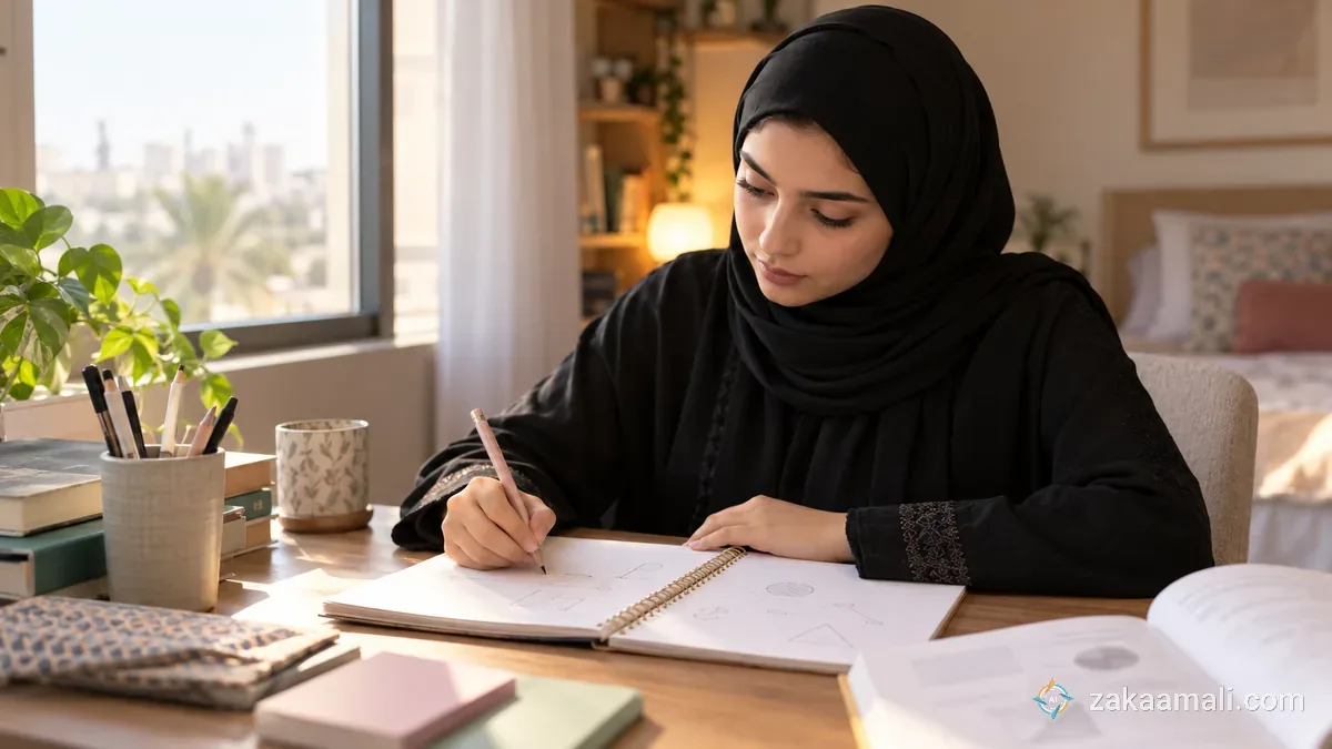طالبة سعودية تسجل أخطاءها في مسائل القدرات وتعيد كتابة الفكرة التي لم تفهمها بدفتر مرتب