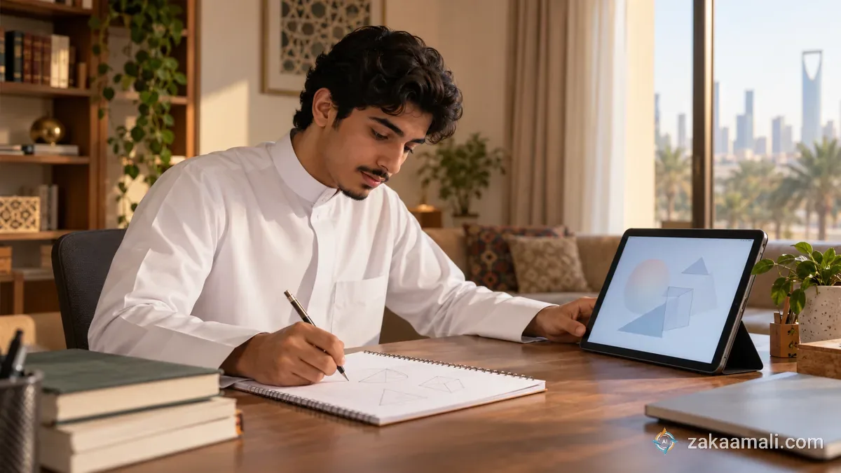 طالب سعودي يحل مسائل كمية على ورق مسودة بينما يعرض جهازه اللوحي شرحًا دون نص مقروء