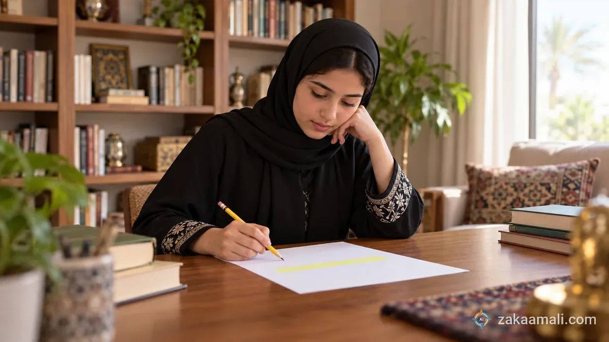 طالبة ثانوية سعودية تقرأ فقرة تدريبية وتحدد الفكرة الرئيسة بقلم رصاص في مكتبة منزلية