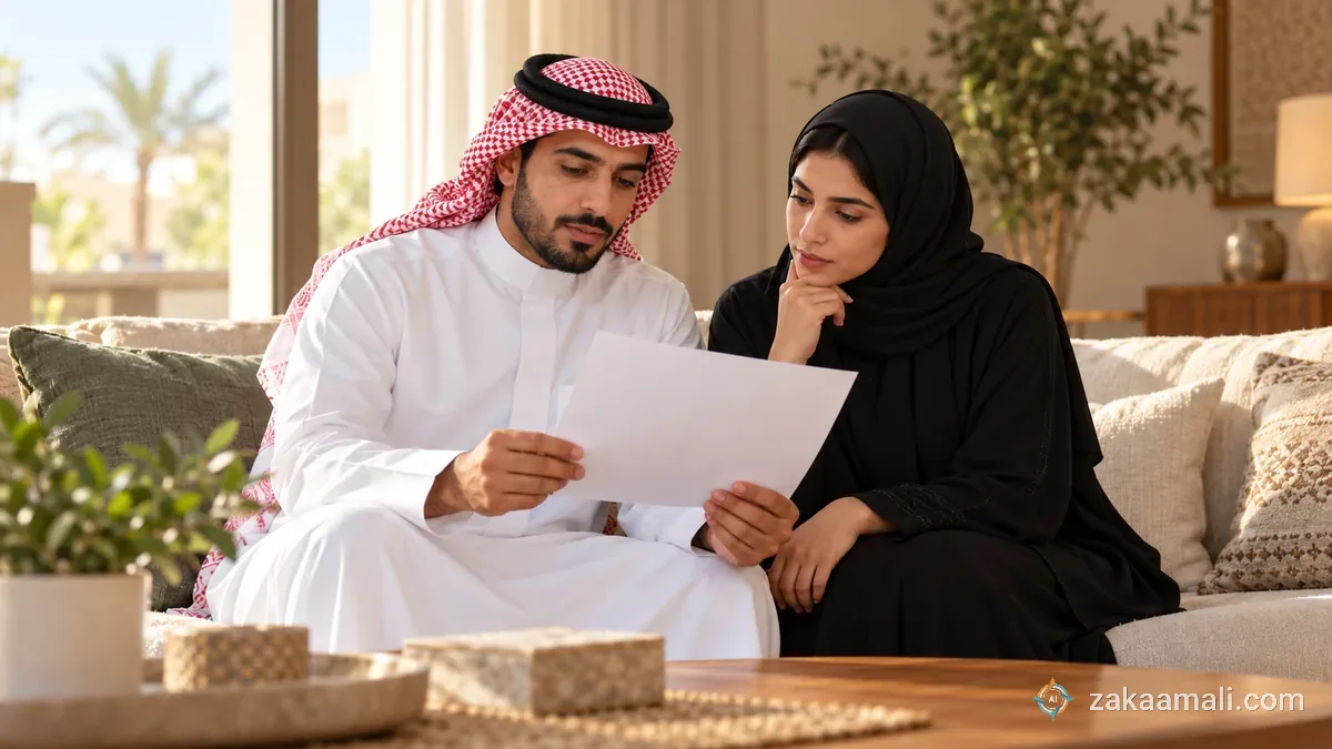 رجل وزوجته يقرآن إشعارًا مطبوعًا في صالة المنزل قبل تحديد ما سيكتبانه في الرد