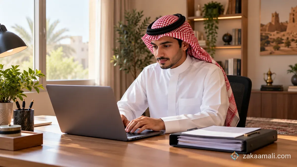 موظف سعودي يكتب صيغة خطاب رسمي على حاسوب محمول في مكتب منزلي مرتب بجانب ملف أوراق