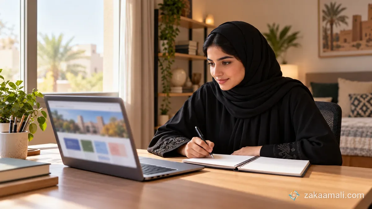طالبة تدرس موقع جامعة أجنبية على حاسوب وتدوّن أسباب توافق البرنامج مع هدفها الدراسي