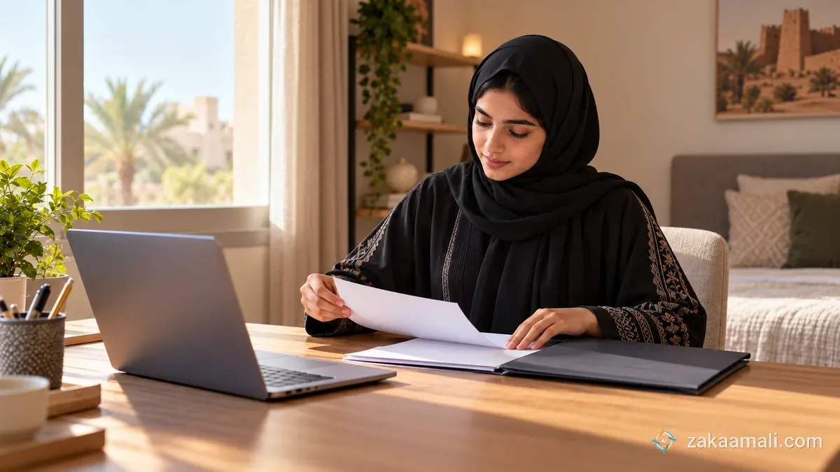 طالبة سعودية تراجع أوراق التقديم بجانب مجلد مغلق على مكتبها وحاسوبها المحمول أمامها