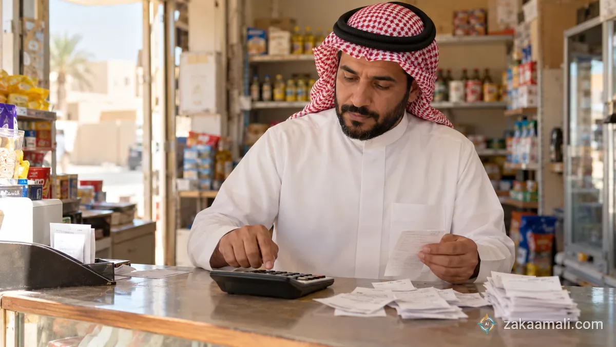 صاحب متجر صغير في السعودية يرتب إيصالات ويحسب إجمالها بآلة حاسبة على طاولة المحل