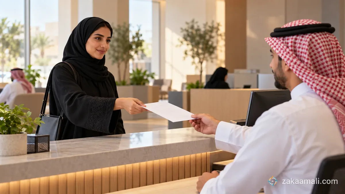 امرأة سعودية تسلم خطابًا مطبوعًا لموظف في مكتب خدمة عملاء حديث دون شعارات ظاهرة