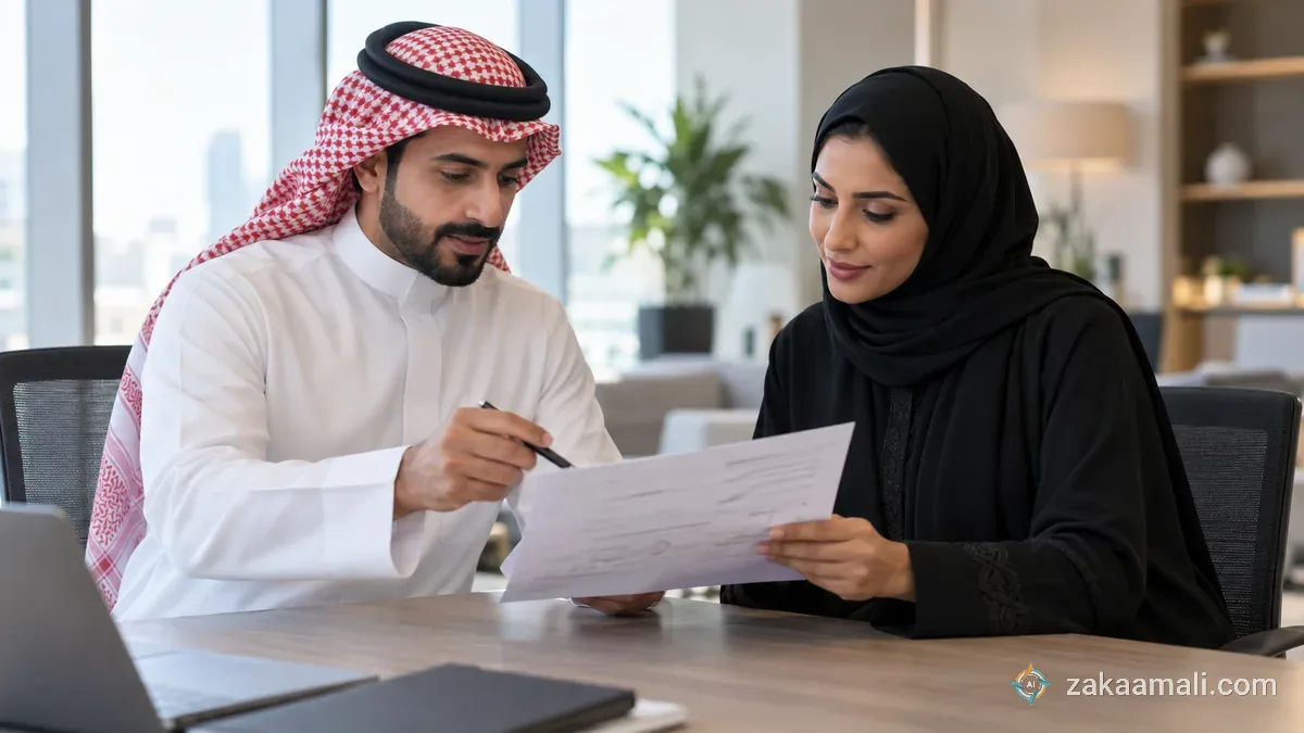زميلان في مكتب سعودي يراجعان ورقة مطبوعة فيها علامات على الأخطاء المكتشفة