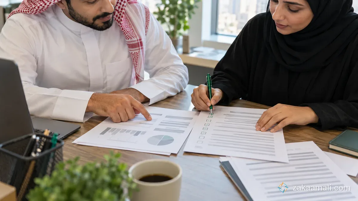 شخصان يطابقان نتائج مطبوعة مع قائمة تحقق وقلم أخضر على مكتب